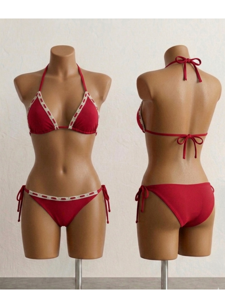 Bikini Color Rojo con Detalles en los Bordes y Lazos Laterales
